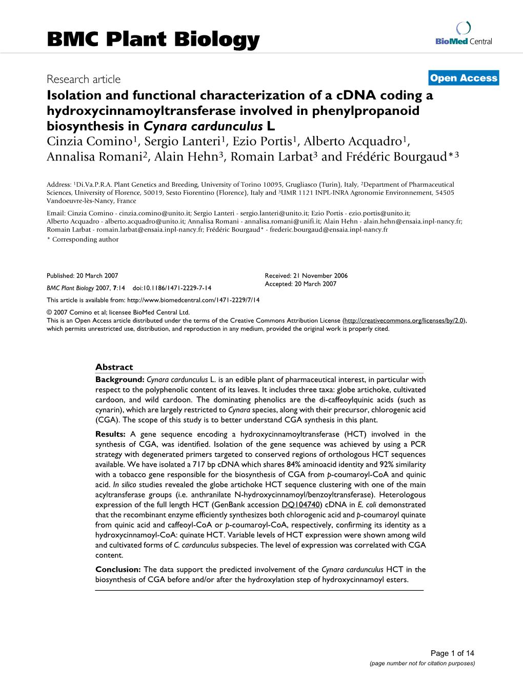 Isolation and Functional Characterization of a Cdna Coding A