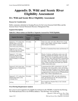 Appendix D. Wild and Scenic River Eligibility Assessment D.1