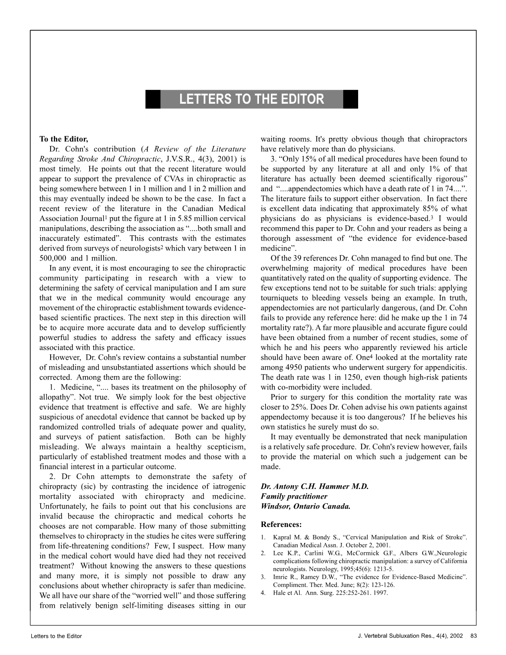 Chiropractic Safety Letter to the Editor