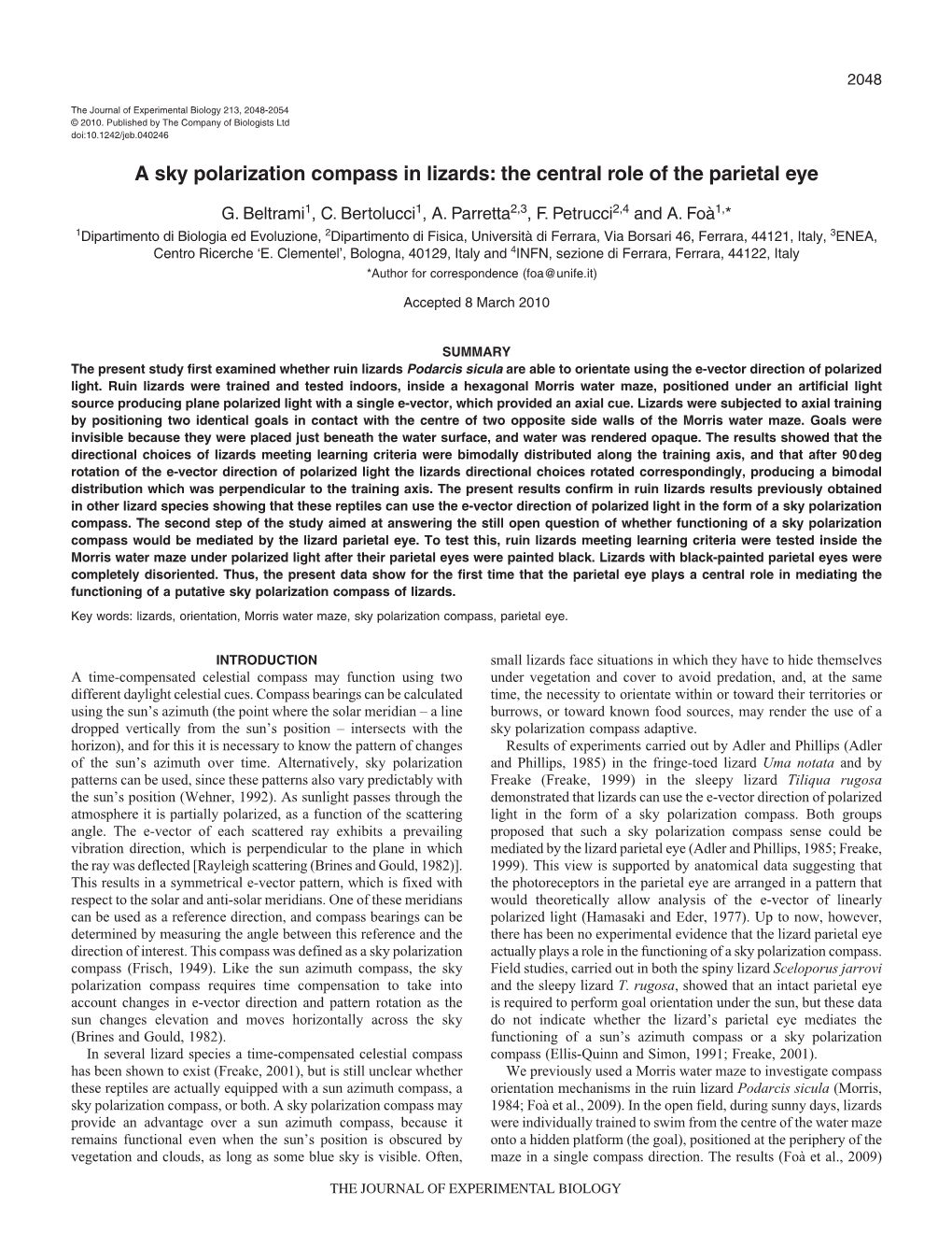 A Sky Polarization Compass in Lizards: the Central Role of the Parietal Eye