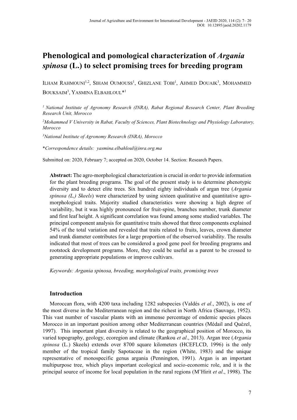 Phenological and Pomological Characterization of Argania Spinosa (L.) to Select Promising Trees for Breeding Program