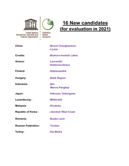 16 New Candidates (For Evaluation in 2021)