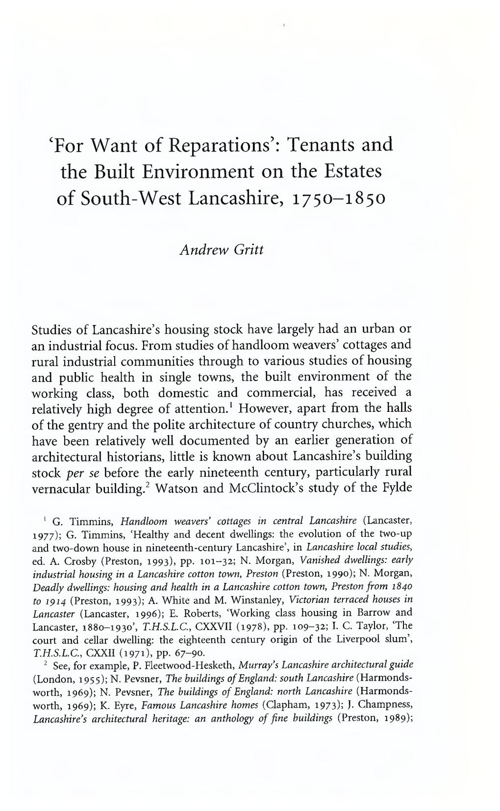 'For Want of Reparations': Tenants and the Built Environment on the Estates of South-West Lancashire, 1750-1850