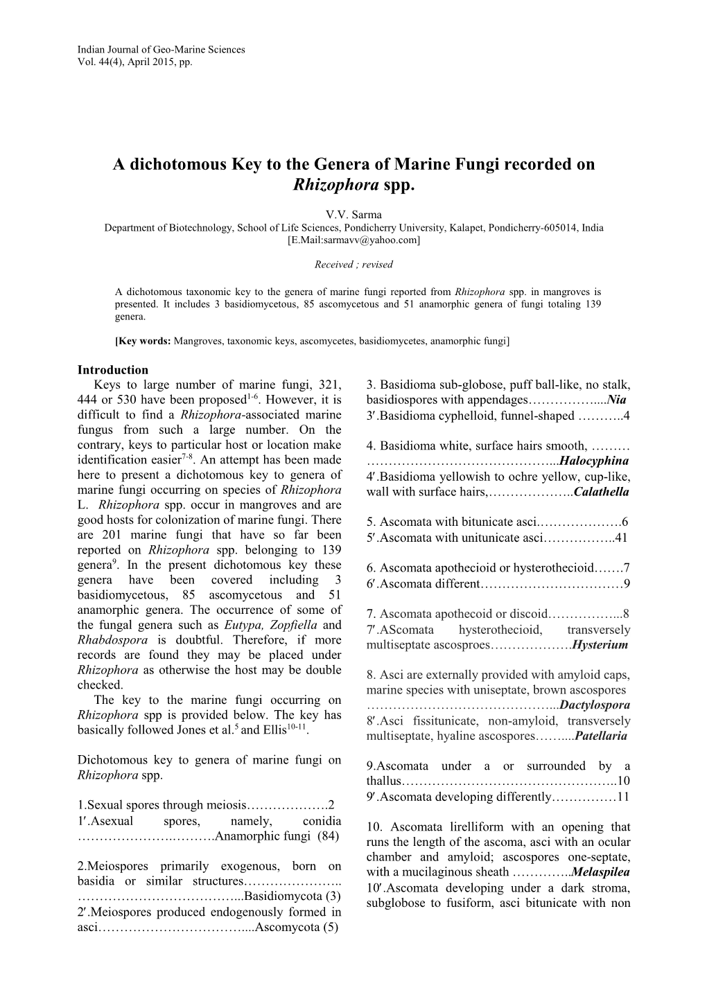 A Dichotomous Key to the Genera of Marine Fungi Recorded on Rhizophora Spp