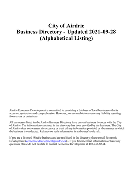 City of Airdrie Business Directory - Updated 2021-09-28 (Alphabetical Listing)