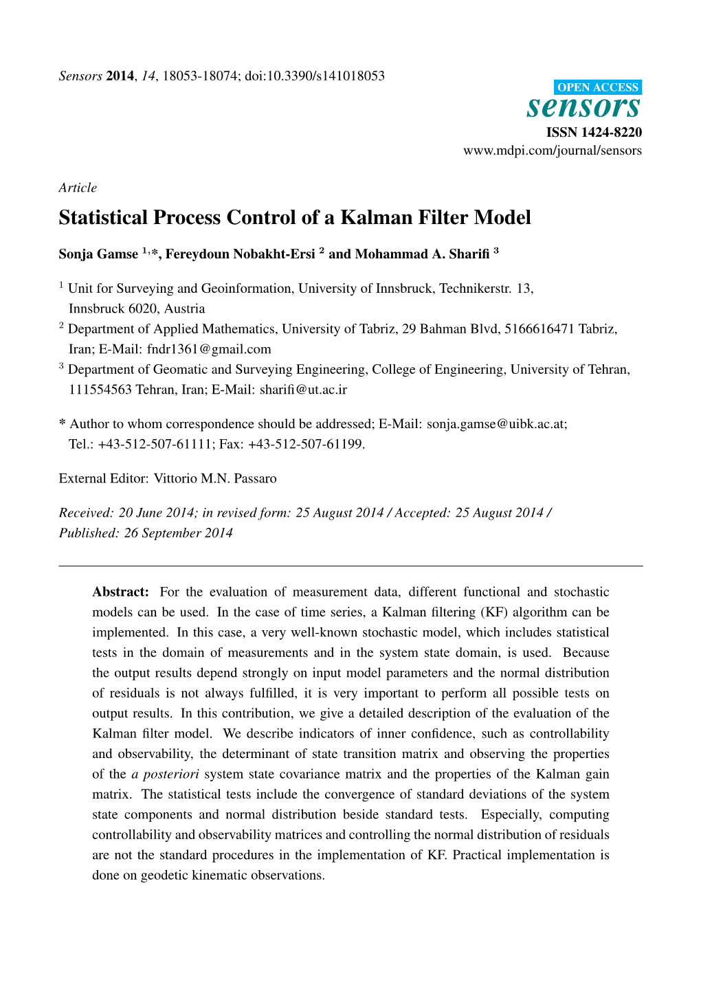 Statistical Process Control of a Kalman Filter Model