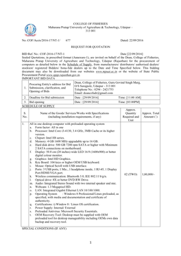 COLLEGE of FISHERIES Maharana Pratap University of Agriculture & Technology, Udaipur – 313 001 No. COF/Accts/2016-17/NT-1