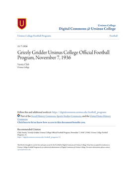 Grizzly Gridder Ursinus College Official Football Program, November 7, 1936 Varsity Club Ursinus College