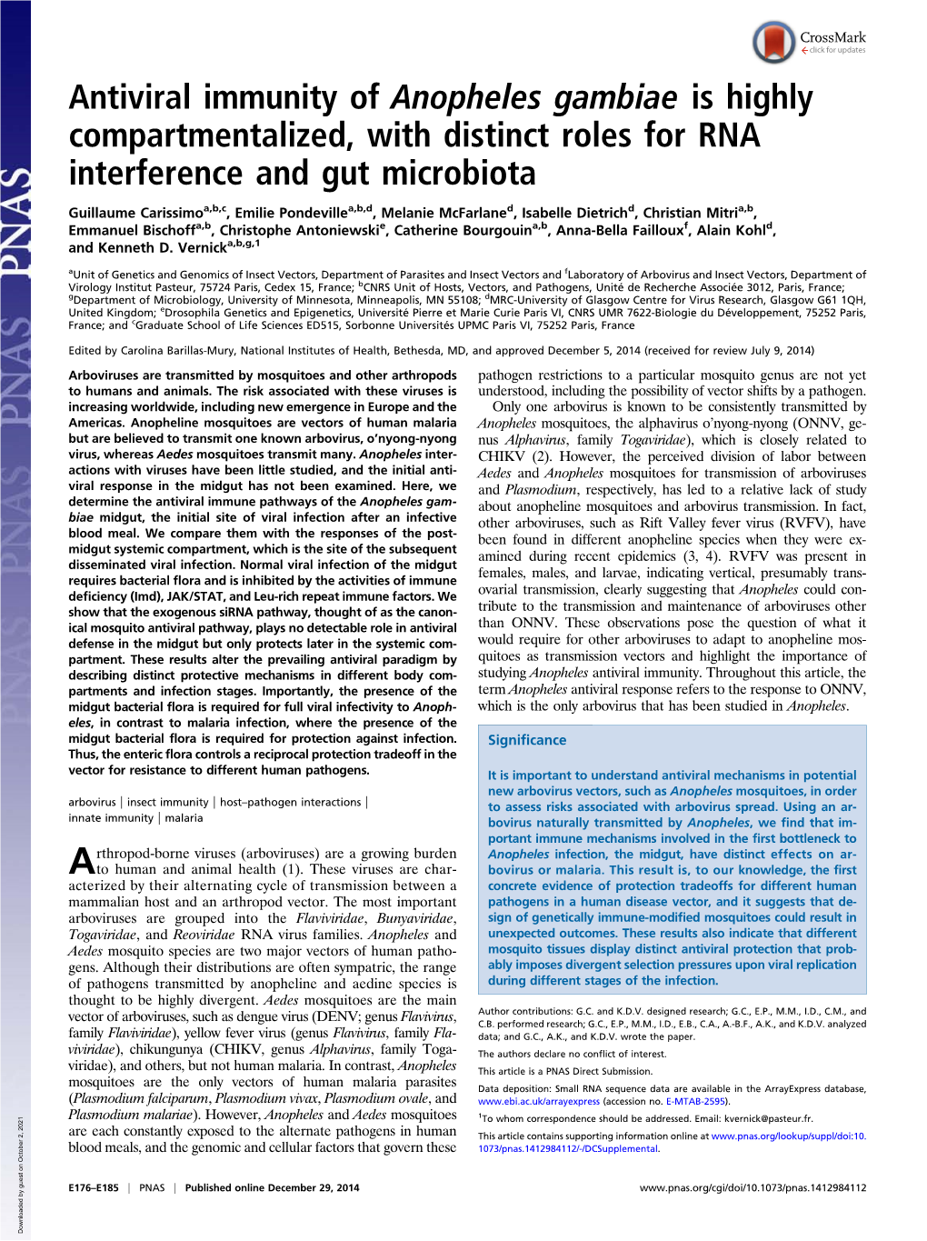 Antiviral Immunity of Anopheles Gambiae Is Highly Compartmentalized, with Distinct Roles for RNA Interference and Gut Microbiota