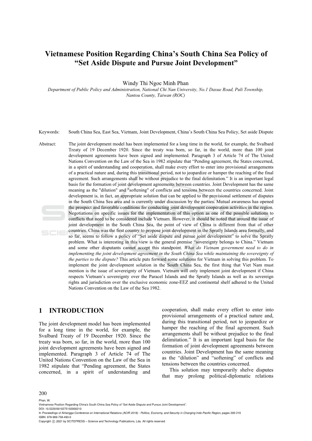 Vietnamese Position Regarding China's South China Sea Policy Of