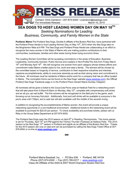 SEA DOGS to HOST LEADING WOMEN DAY on MAY 10 Seeking