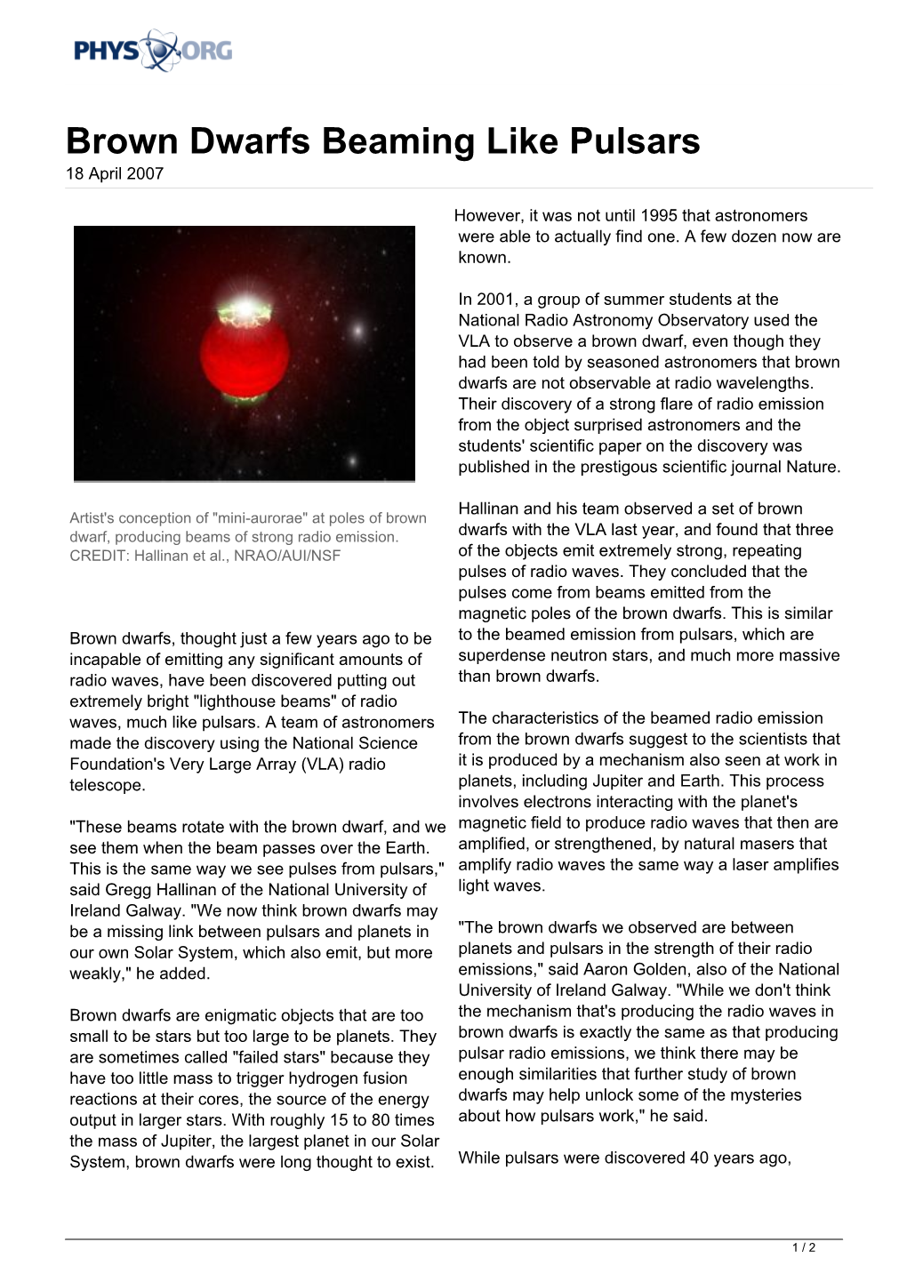 Brown Dwarfs Beaming Like Pulsars 18 April 2007