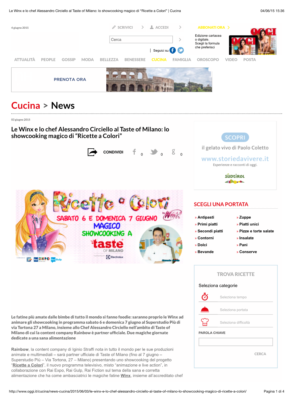 Le Winx E Lo Chef Alessandro Circiello Al Taste of Milano: Lo Showcooking Magico Di “Ricette a Colori” | Cucina 04/06/15 15:36