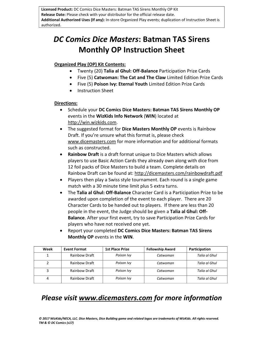 DC Comics Dice Masters: Batman TAS Sirens Monthly OP Instruction Sheet