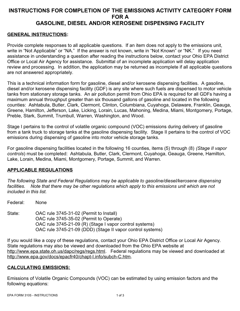 Instructions for Completion of the Emissions Activity Category Form for A