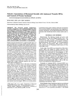 Selective Associations of Hormonal Steroids with Aminoacyl Transfer Rnas and Control of Protein Synthesis* (Testosterone/Progesterone/Estradiol/Yeast Trna/E