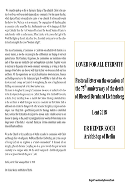 LOVED for ALL ETERNITY Pastoral Letter on the Occasion of the 75 Anniversary of the Death of Blessed Bernhard Lichtenberg Lent 2