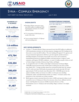 Syria - Complex Emergency Fact Sheet #18, Fiscal Year (Fy) 2013 June 17, 2013