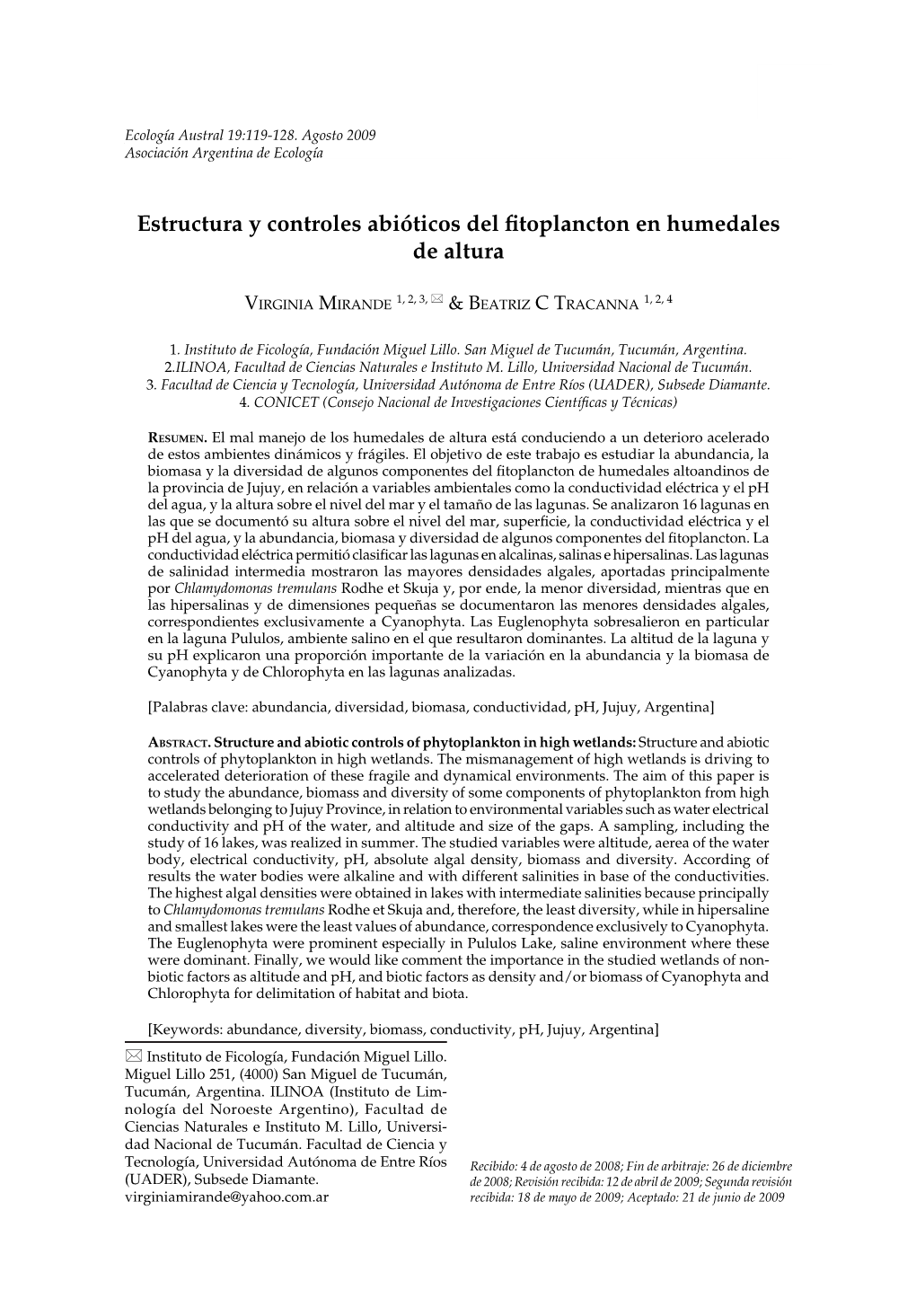 Estructura Y Controles Abióticos Del Fitoplancton En Humedales De Altura