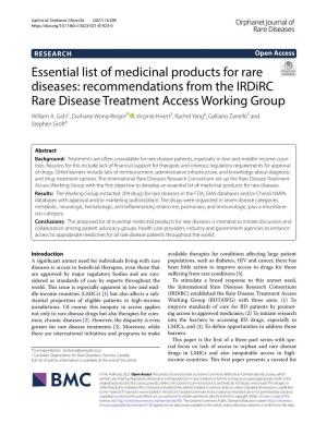 Essential List of Medicinal Products for Rare Diseases: Recommendations from the Irdirc Rare Disease Treatment Access Working Group William A