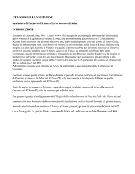 L'elogio Della Solitudine – Lettera Di Eucherio Ad Ilario