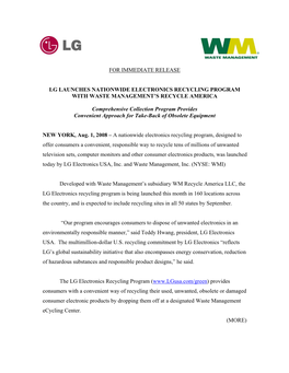 WM and LG Launches Nationwide Electronics Recycling Program