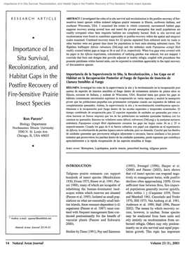 Importance of in Situ Survival, Recolonization, and Habitat Gaps in the Postfire Recovery of Fire-Sensitive Prairie Insect Species