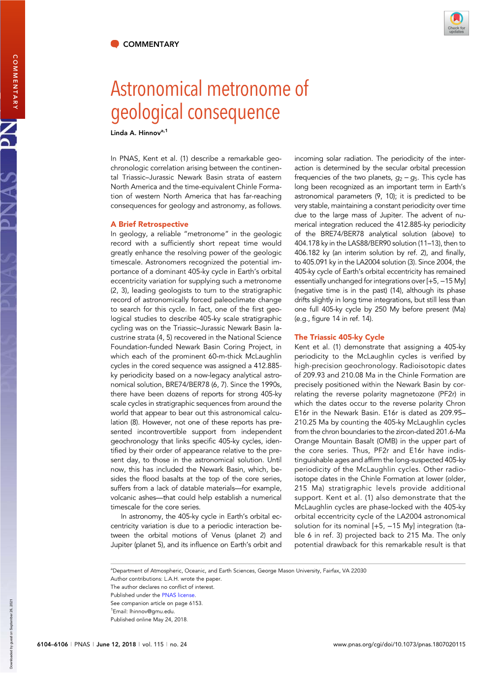 Astronomical Metronome of Geological Consequence Linda A