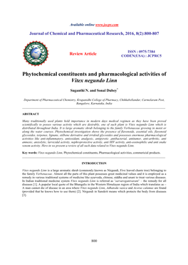 Phytochemical Constituents and Pharmacological Activities of Vitex Negundo Linn