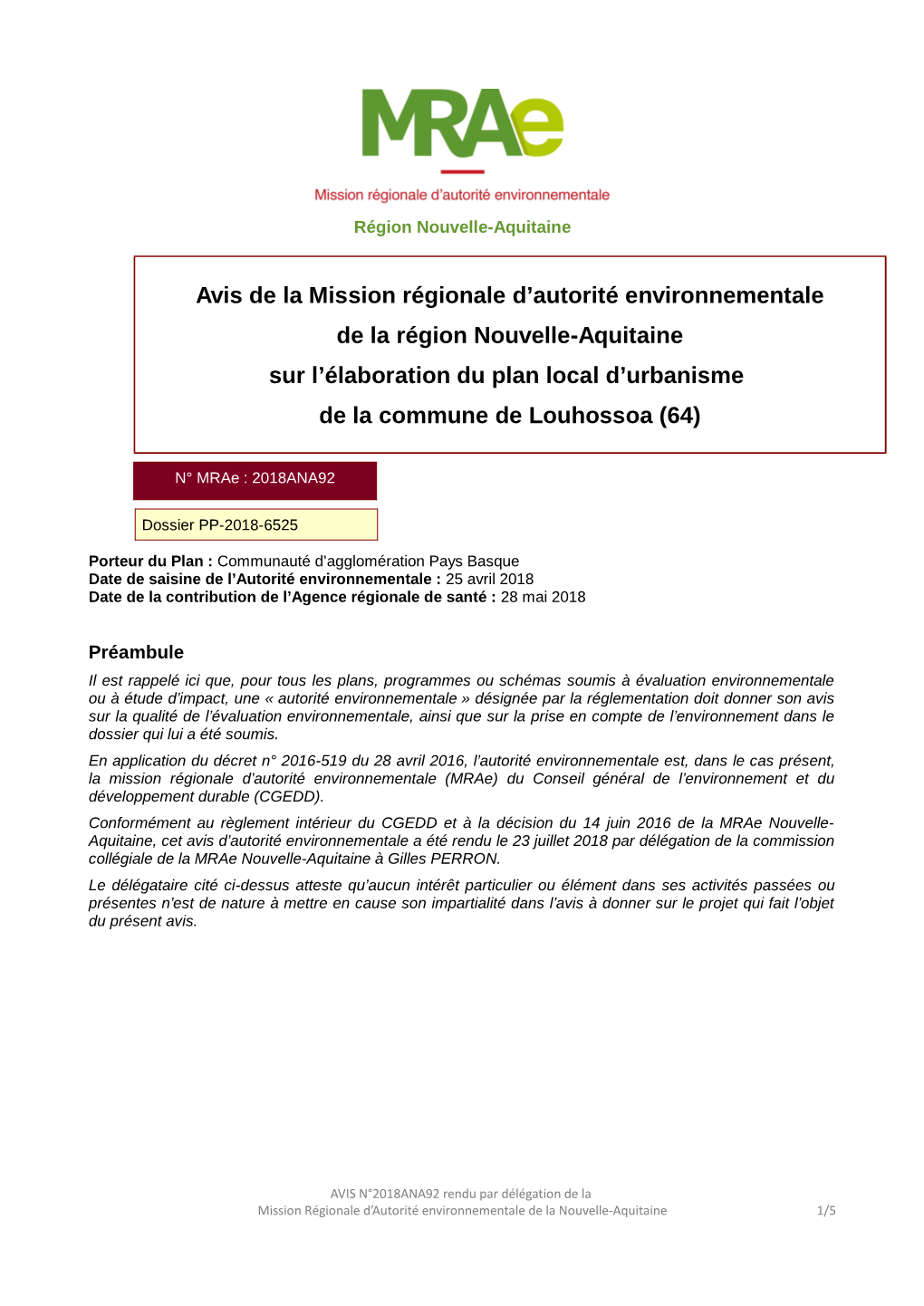 Avis De La Mission Régionale D'autorité Environnementale De La Région