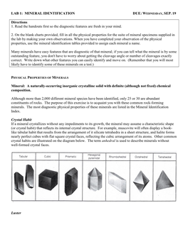Mineral Identification Due: Wednesday, Sep