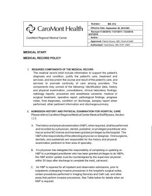 Medical Staff Medical Record Policy