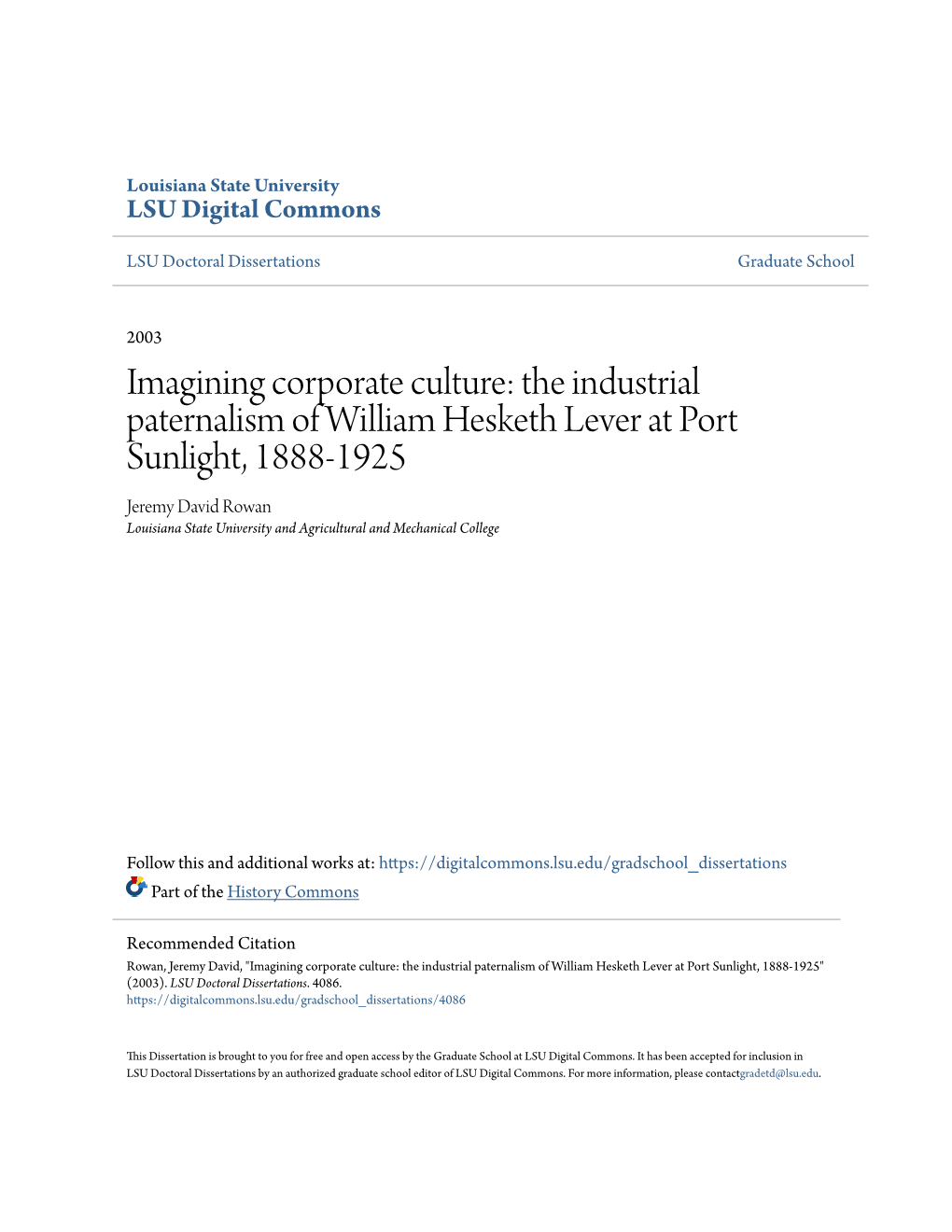 Imagining Corporate Culture: the Industrial Paternalism of William Hesketh Lever at Port Sunlight, 1888-1925