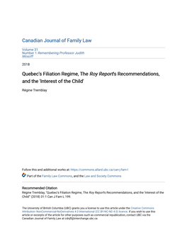 Quebec's Filiation Regime, the Roy Report's Recommendations, and the 'Interest of the Child'