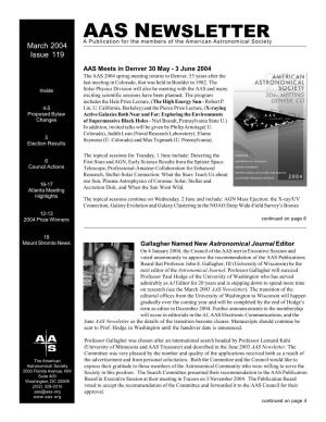 AAS NEWSLETTER a Publication for the Members of the American Astronomical Society March 2004 Issue 119