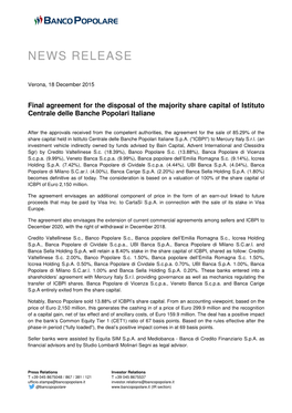 Final Agreement for the Disposal of the Majority Share Capital of Istituto Centrale Delle Banche Popolari Italiane