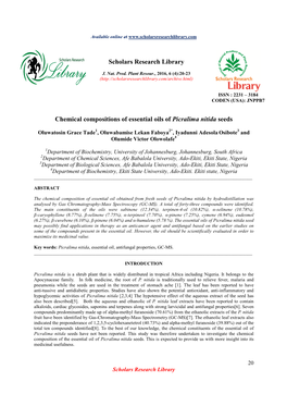 Chemical Compositions of Essential Oils of Picralima Nitida Seeds