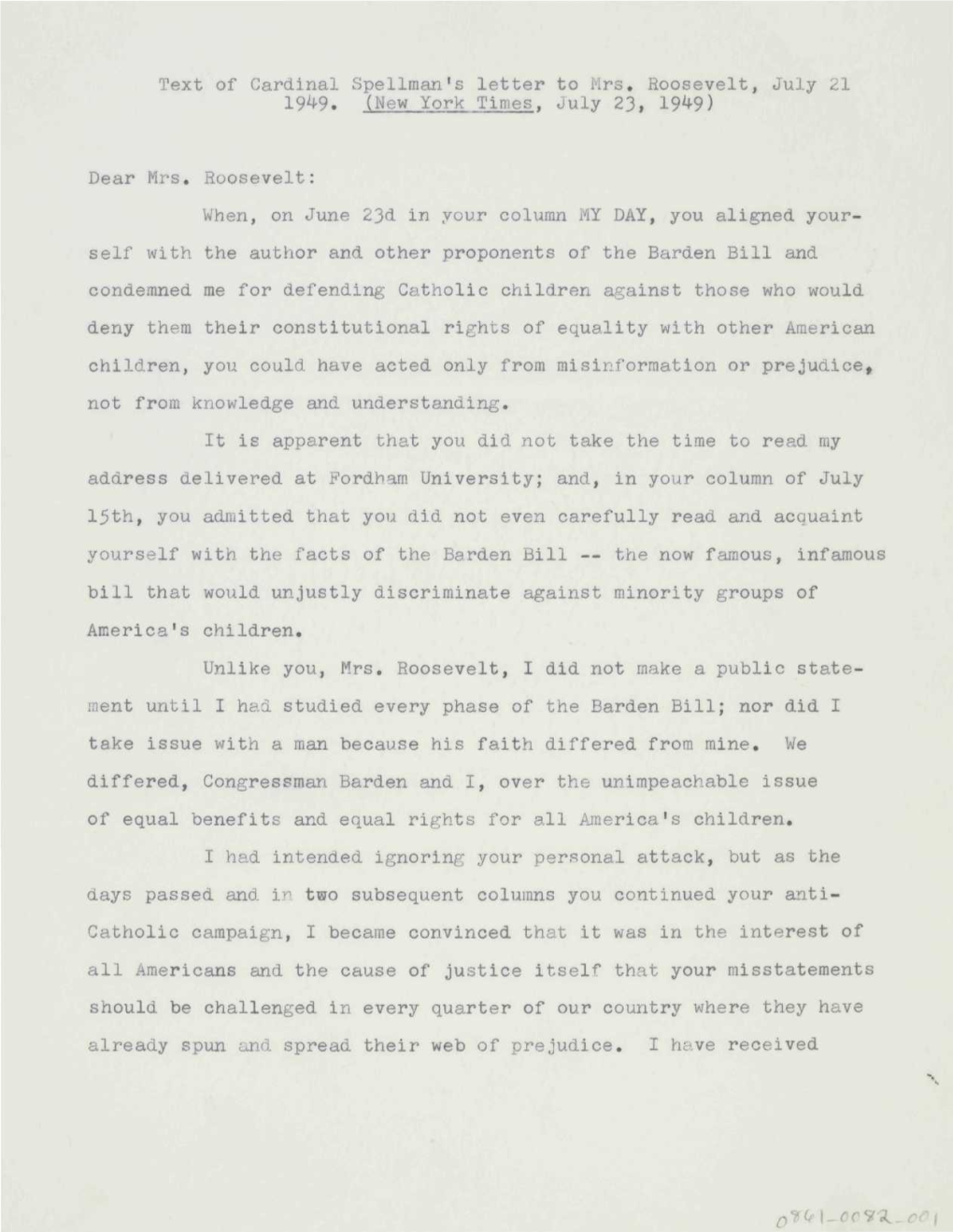 Text of Cardinal Spellraan's Letter to Mrs. Roosevelt, July 21 ^ (New York Times, July 23, 19^9)