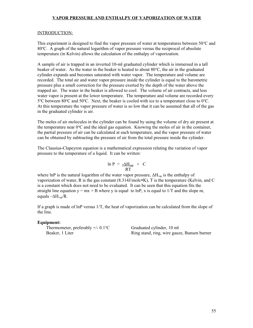 Vapor Pressure and Enthalpy of Vaporization of Water