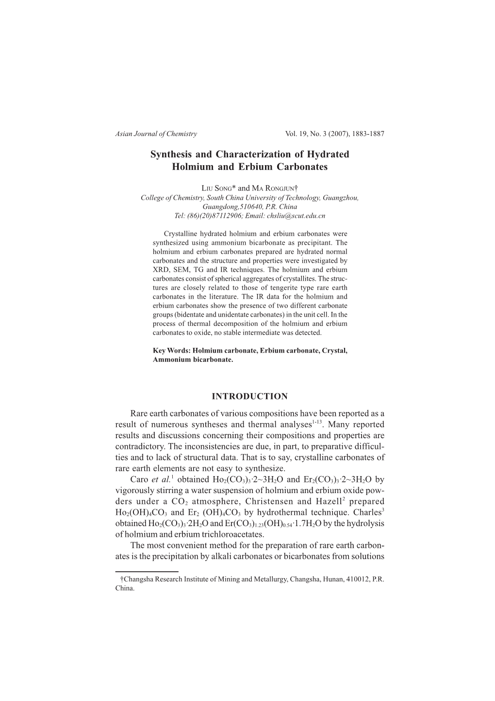 Synthesis and Characterization of Hydrated Holmium and Erbium Carbonates