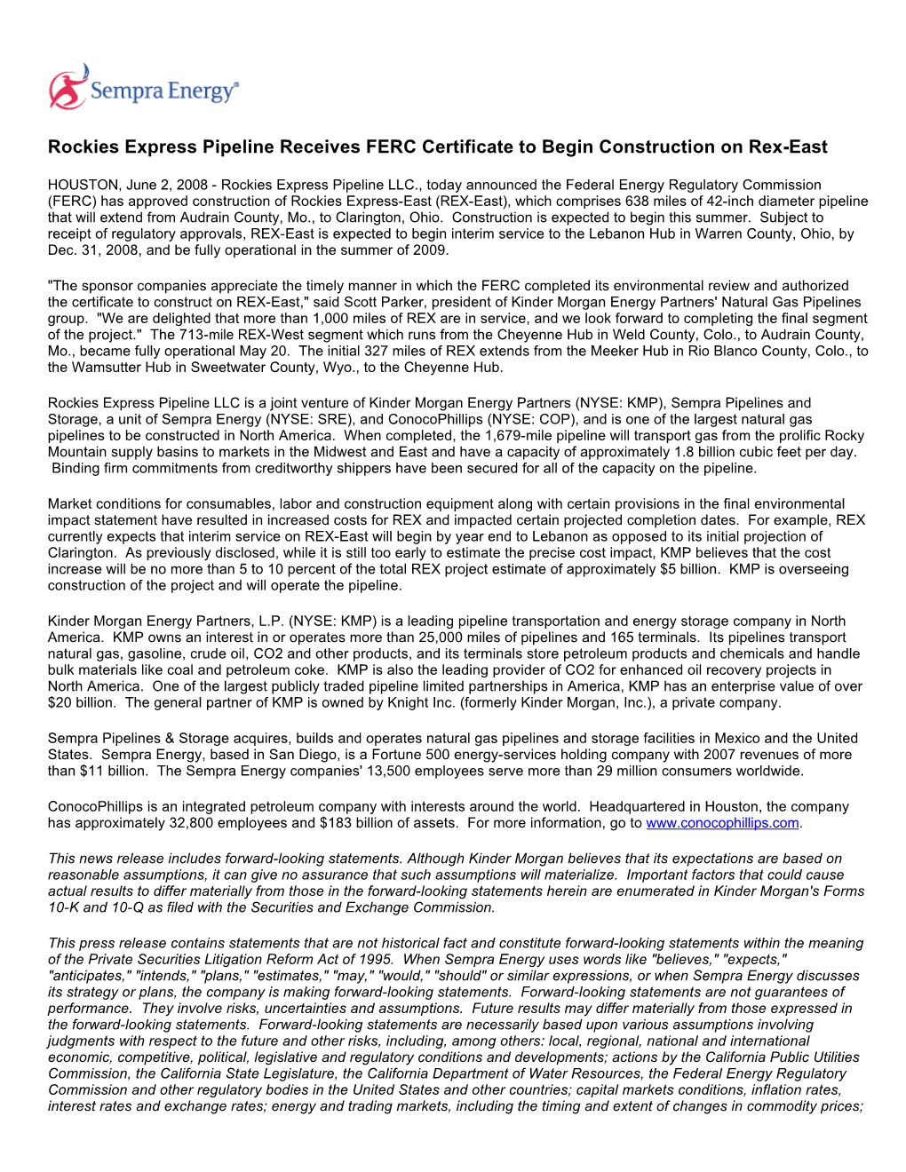 Rockies Express Pipeline Receives FERC Certificate to Begin Construction on Rex-East