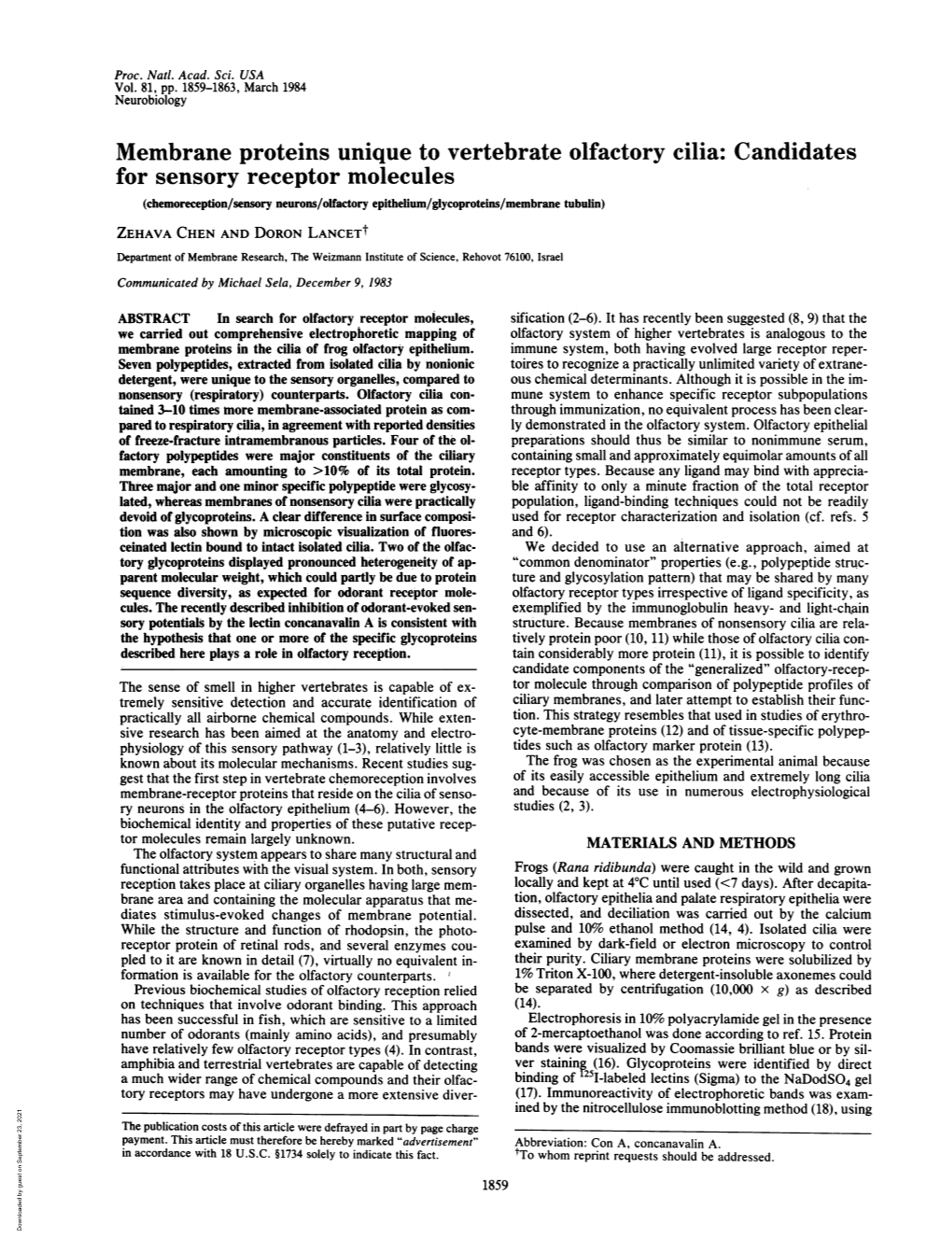 Membrane Proteins Unique to Vertebrate Olfactory Cilia