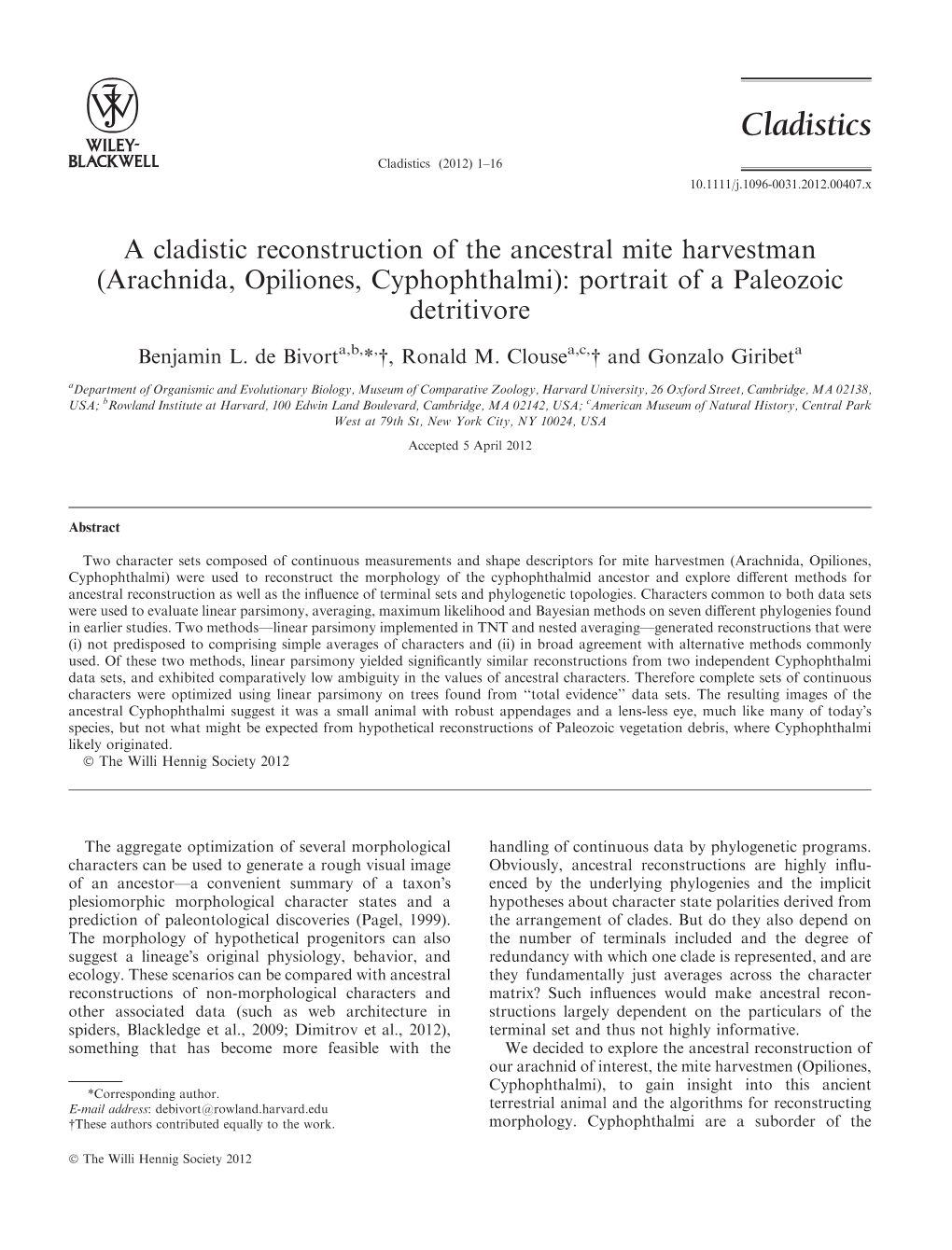 A Cladistic Reconstruction of the Ancestral Mite Harvestman (Arachnida, Opiliones, Cyphophthalmi): Portrait of a Paleozoic Detritivore