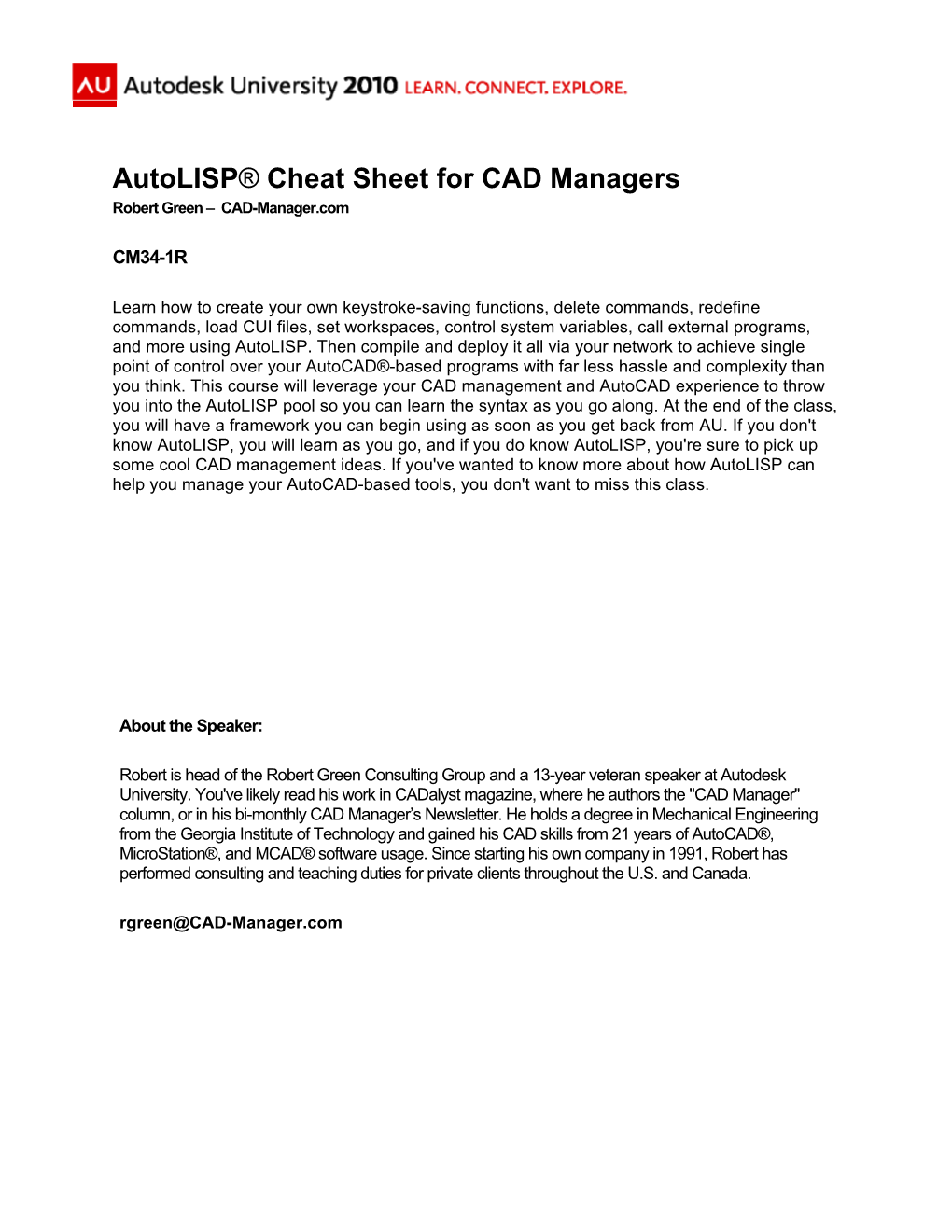 Autolisp® Cheat Sheet for CAD Managers Robert Green – CAD-Manager.Com