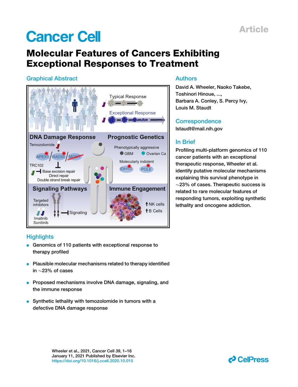 Molecular Features of Cancers Exhibiting Exceptional Responses to Treatment