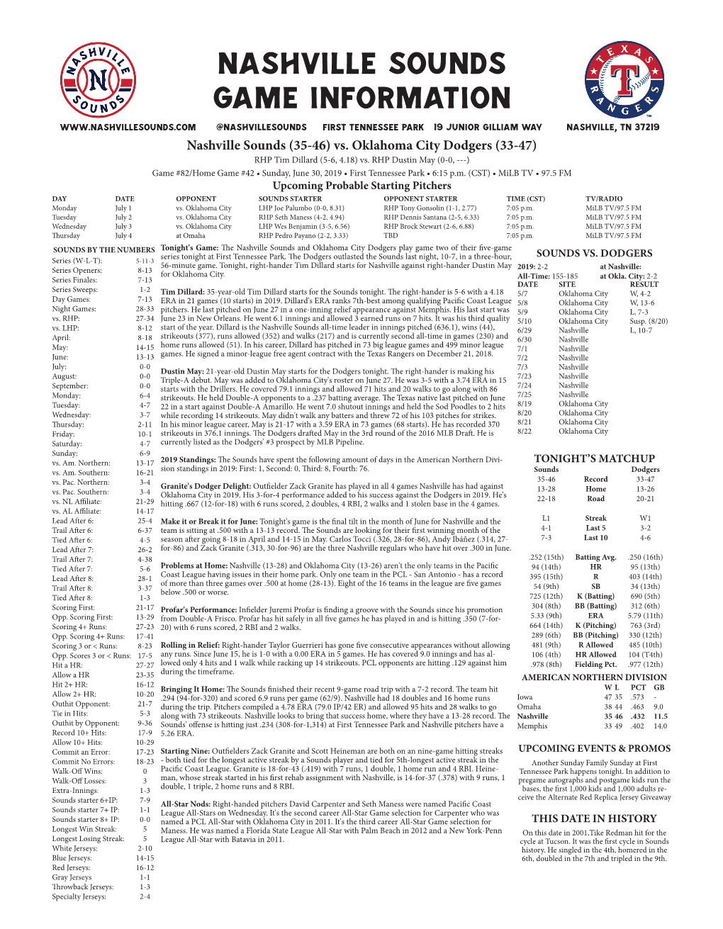 Nashville Sounds Game Information @Nashvillesounds First Tennessee Park 19 Junior Gilliam Way Nashville, TN 37219 Nashville Sounds (35-46) Vs