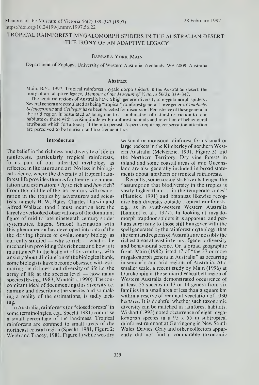 Tropical Rainforest Mygalomorph Spiders in the Australian Desert: the Irony of an Adaptive Legacy