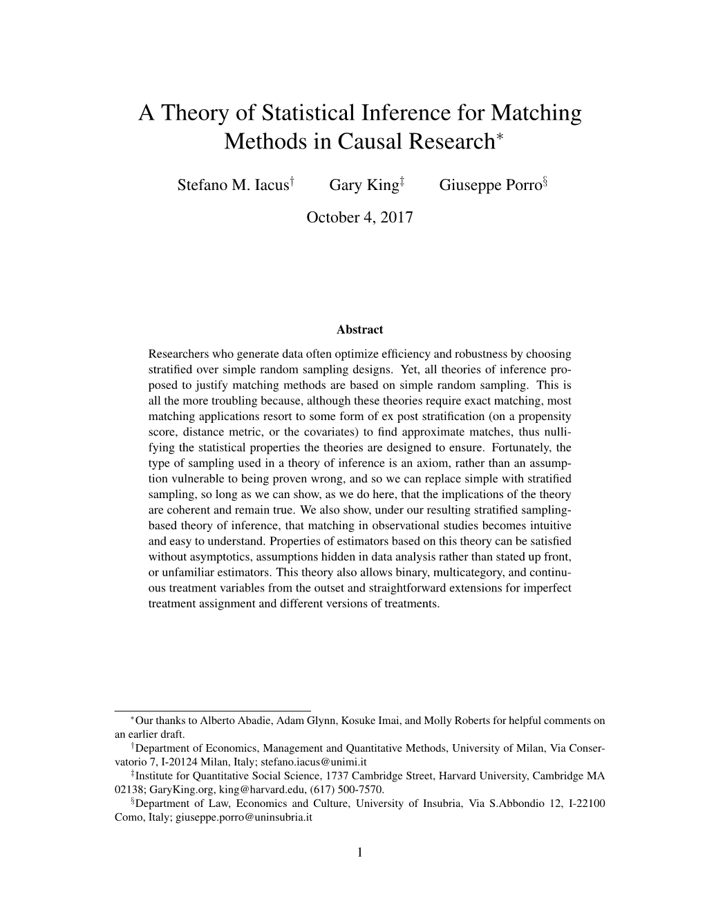 A Theory of Statistical Inference for Matching Methods in Causal Research∗