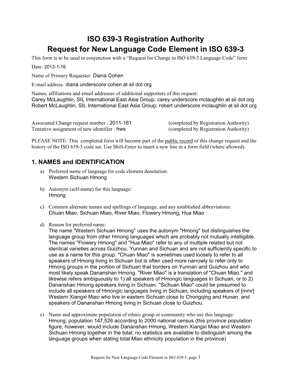 ISO 639-3 Registration Authority Request for New Language Code Element in ISO 639-3