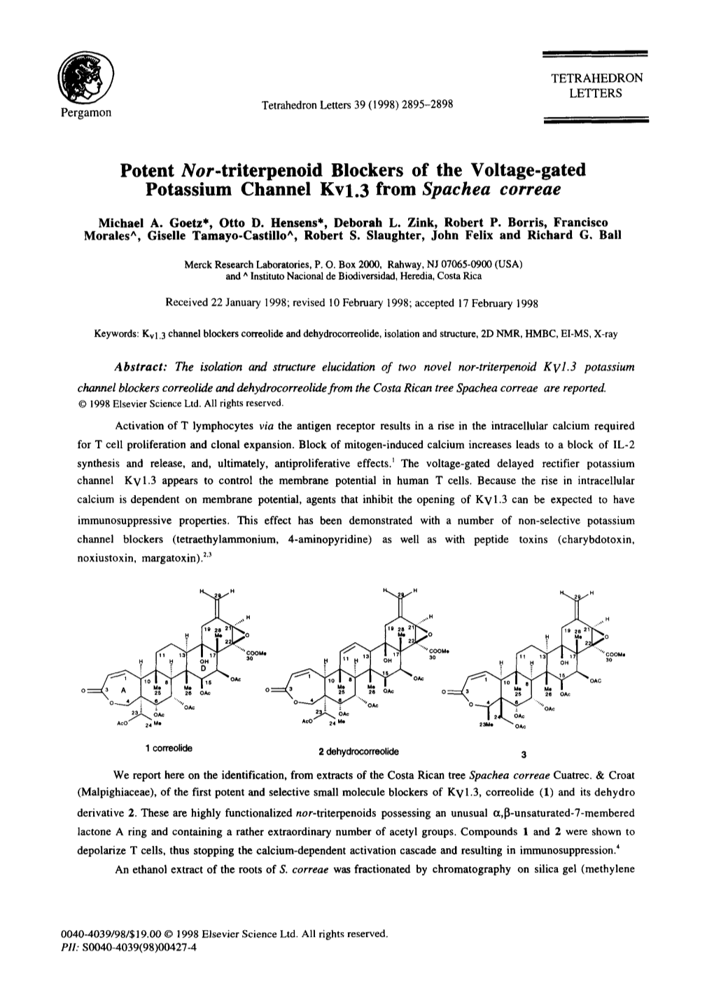 Potent Nor-Triterpenoid Blockers of the Voltage-Gated Potassium Channel Kvl.3 from Spachea Correae